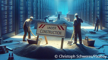 Arbeiter auf einer Baustelle in einem Rechenzentrum