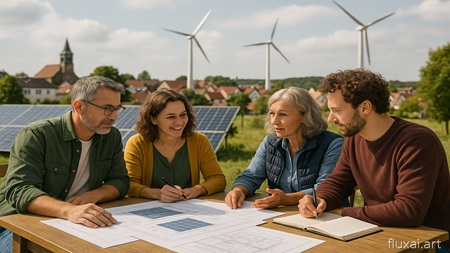 Gruppe von Personen an einem Tisch mit Planungsunterlagen, im Hintergrund Erneuerbare Energien
